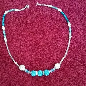 Blue and silver beaded necklace 17 inch